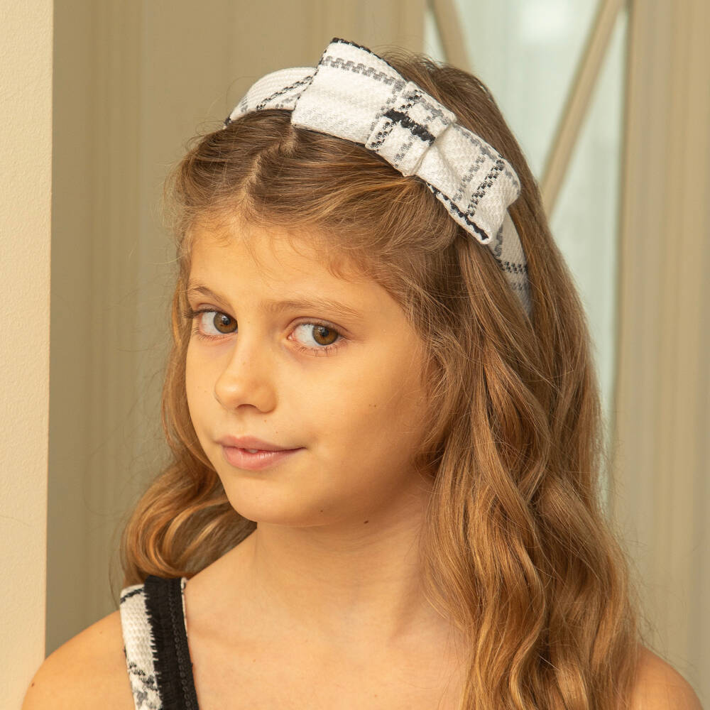Patachou-Girls Ivory & Black Tweed Bow Hairband | Childrensalon