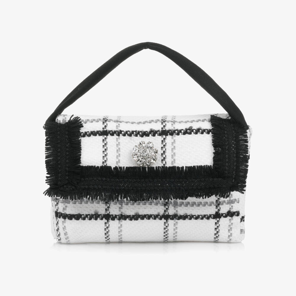 Patachou-Girls Ivory & Black Tweed Handbag with Fringing (16cm) | Childrensalon