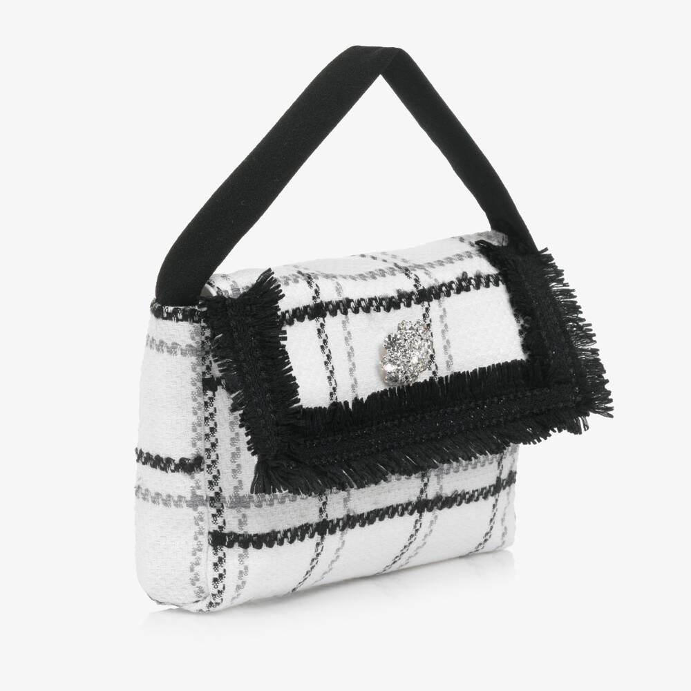 Patachou-Girls Ivory & Black Tweed Handbag with Fringing (16cm) | Childrensalon