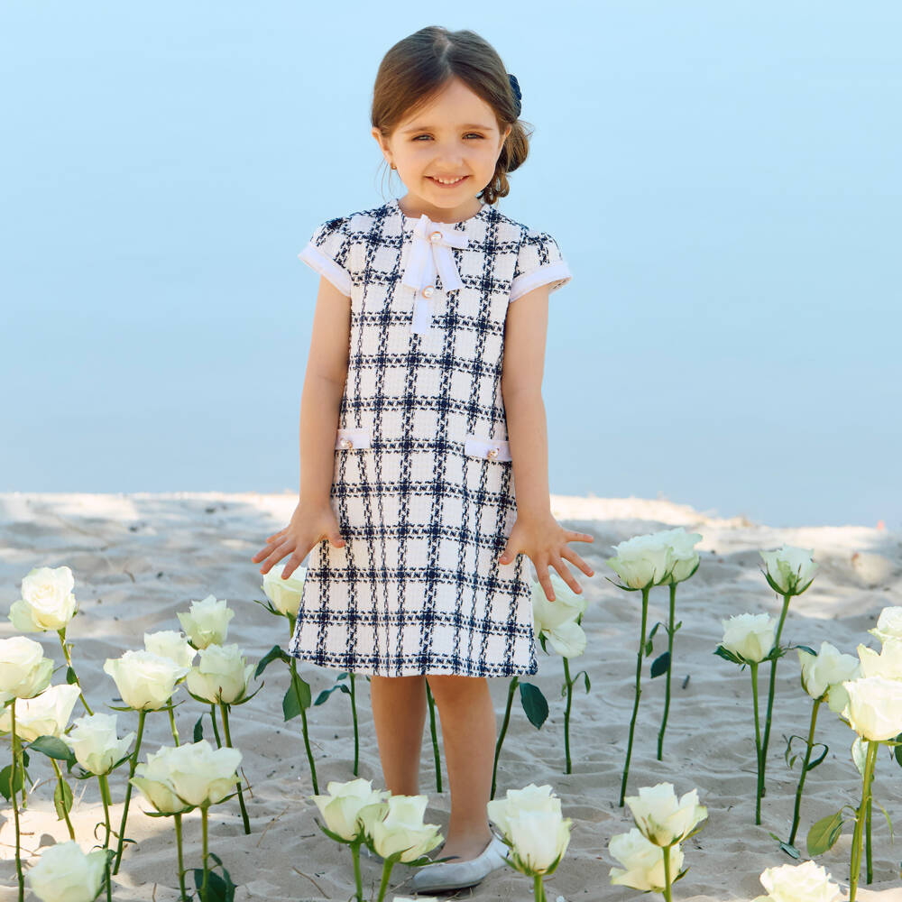 Patachou-Girls Ivory & Blue Check Tweed Dress | Childrensalon