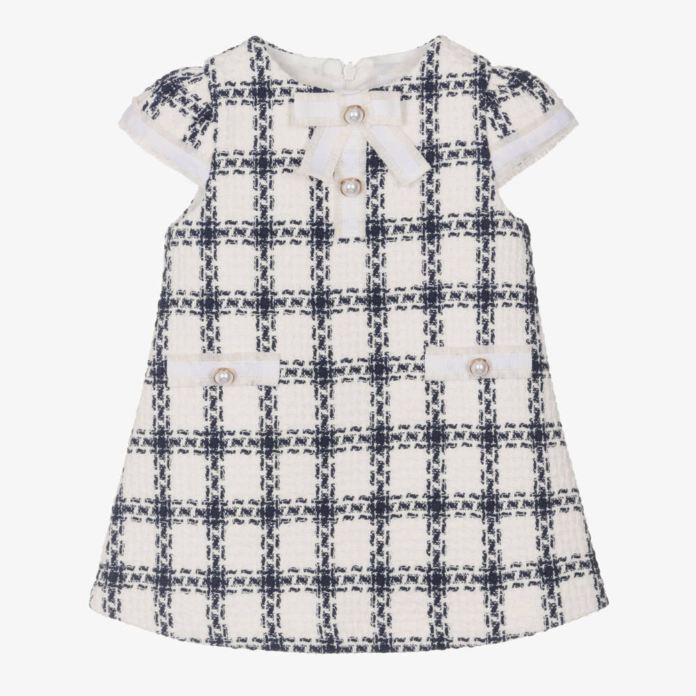 Patachou-Girls Ivory & Blue Check Tweed Dress | Childrensalon
