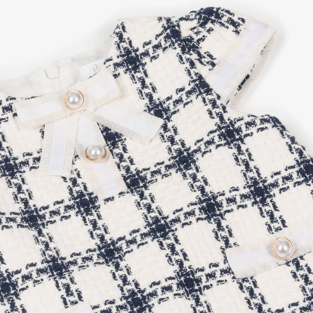 Patachou-Girls Ivory & Blue Check Tweed Dress | Childrensalon