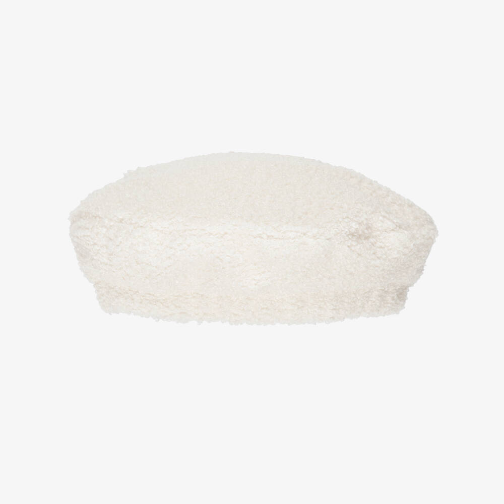 Patachou-Girls Ivory Bouclé Beret with Red Tweed Bow | Childrensalon