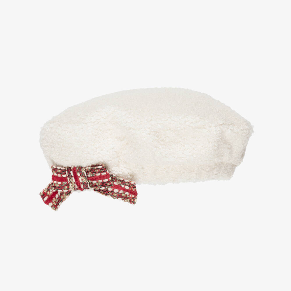 Patachou-Girls Ivory Bouclé Beret with Red Tweed Bow | Childrensalon