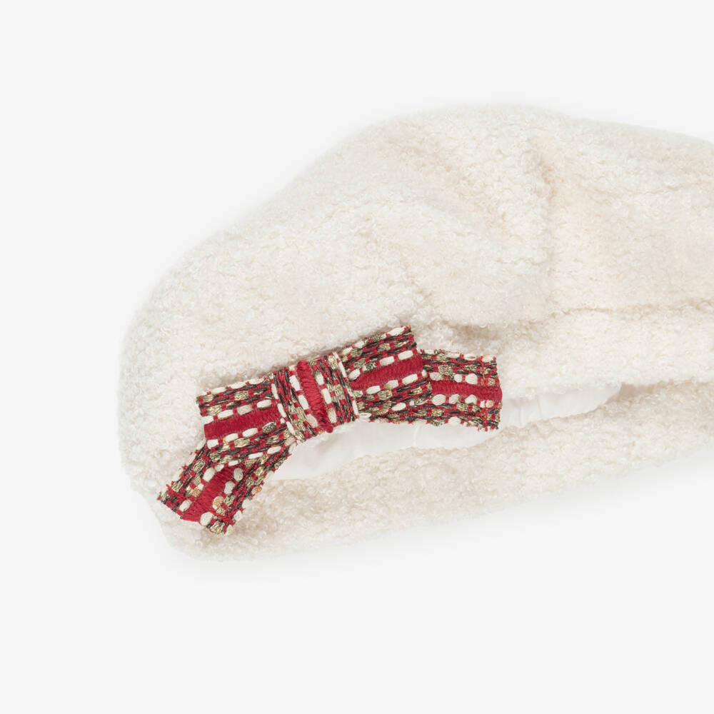 Patachou-Girls Ivory Bouclé Beret with Red Tweed Bow | Childrensalon