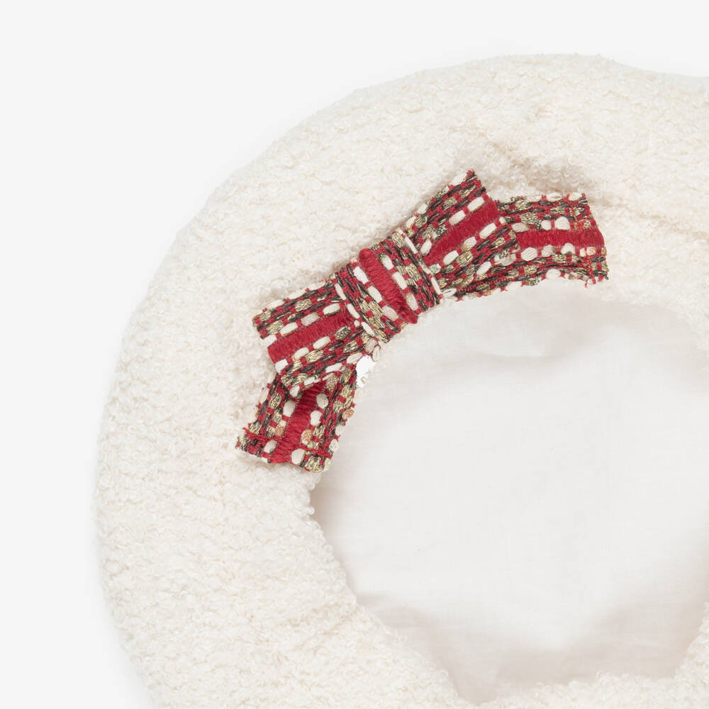 Patachou-Girls Ivory Bouclé Beret with Red Tweed Bow | Childrensalon