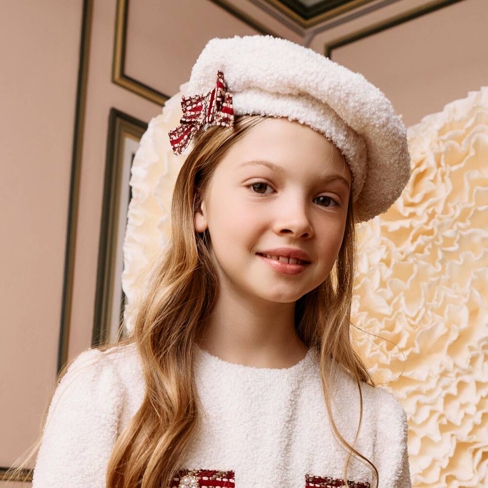 Patachou-Girls Ivory Bouclé Beret with Red Tweed Bow | Childrensalon