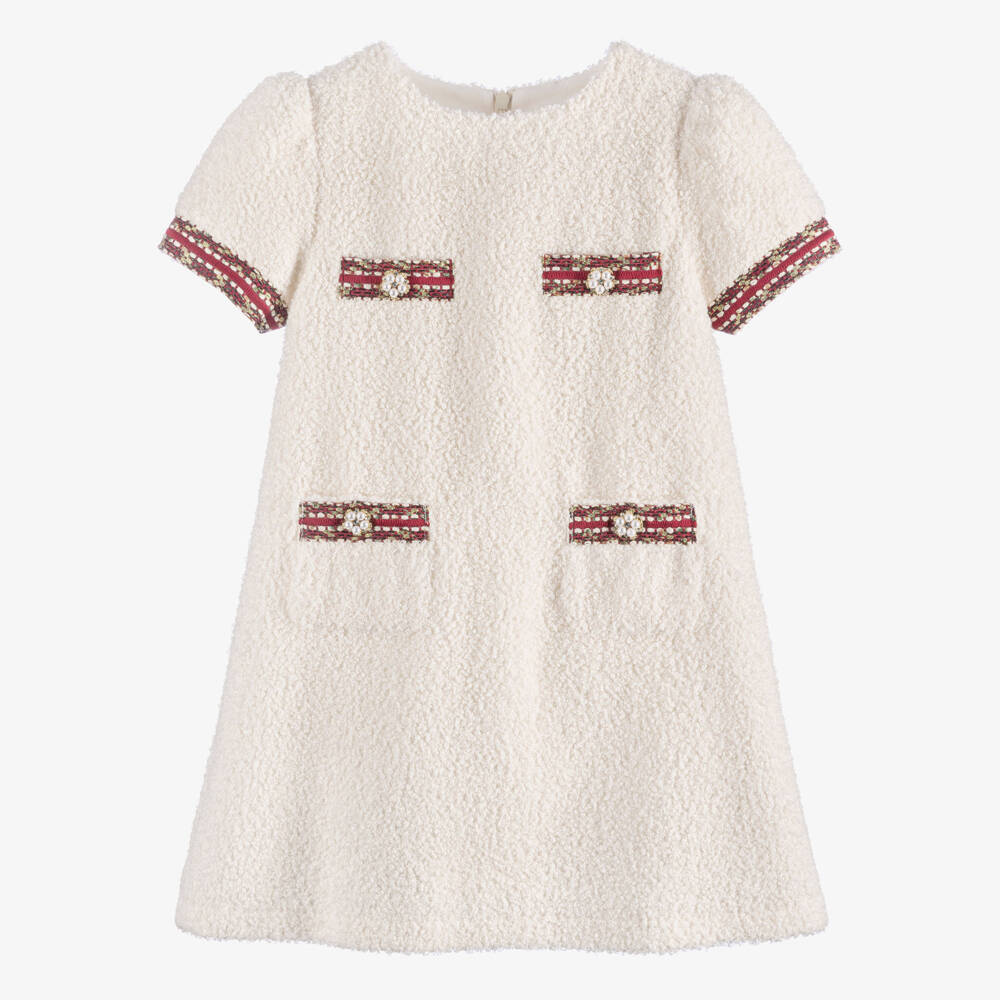 Patachou-Girls Ivory Bouclé Dress with Tweed Trims | Childrensalon