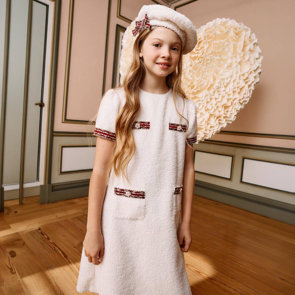 Patachou-Girls Ivory Bouclé Dress with Tweed Trims | Childrensalon
