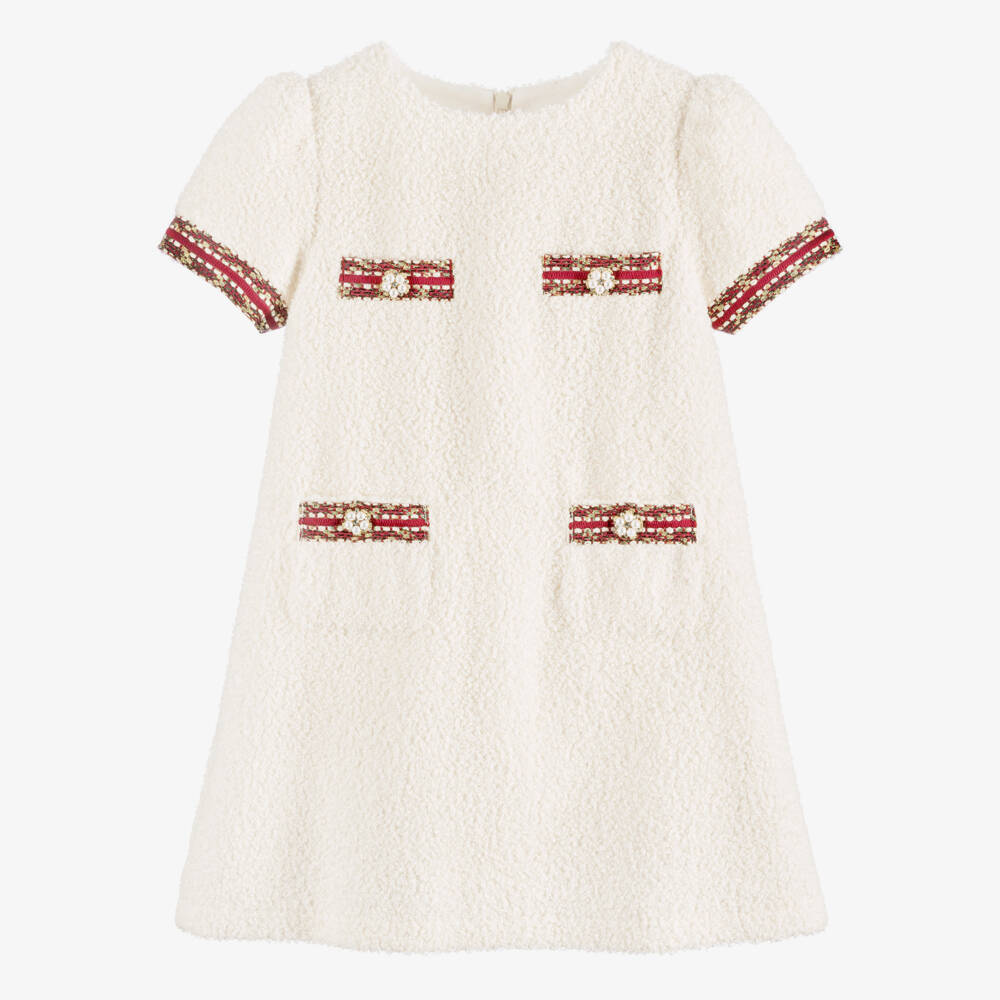 Patachou-Girls Ivory Bouclé Dress with Tweed Trims | Childrensalon