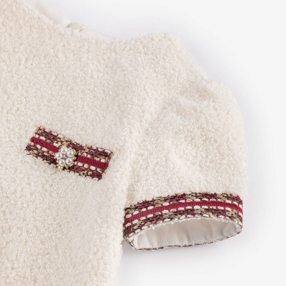 Patachou-Girls Ivory Bouclé Dress with Tweed Trims | Childrensalon