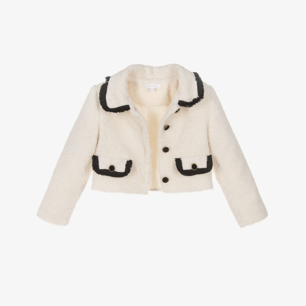 Patachou-Жакет букле кремовый с черной бахромой для девочек | Childrensalon