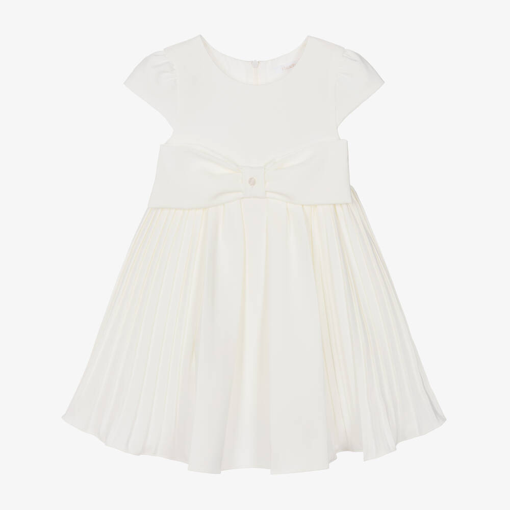Patachou-Girls Ivory Bow Pleated Crêpe Dress | Childrensalon