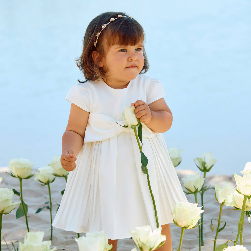 Patachou-فستان بنات كريب مزين بفيونكة لون عاجي | Childrensalon