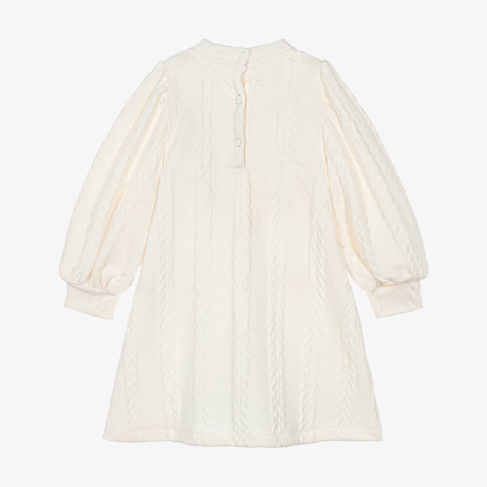 Patachou-Girls Ivory Cable Knit Dress with Puff Sleeves | Childrensalon