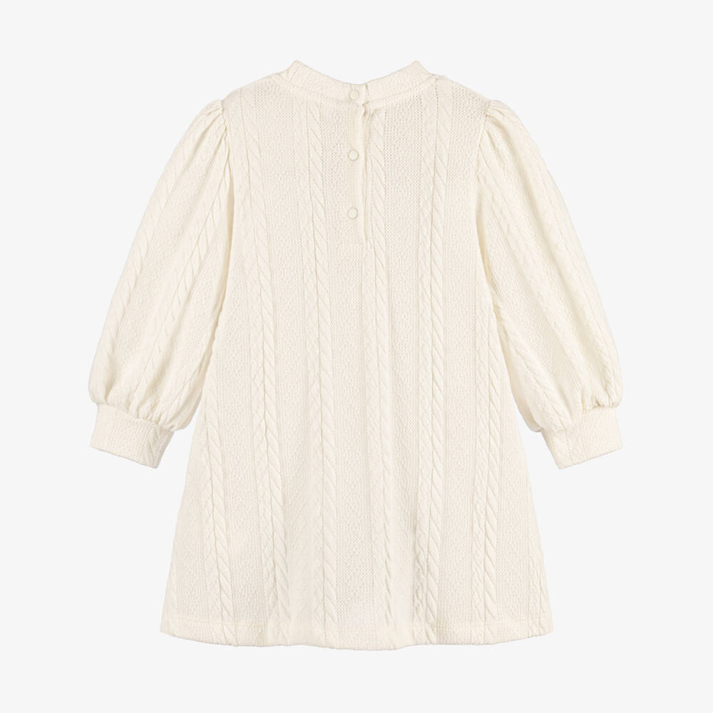 Patachou-Girls Ivory Cable Knit Dress with Puff Sleeves | Childrensalon