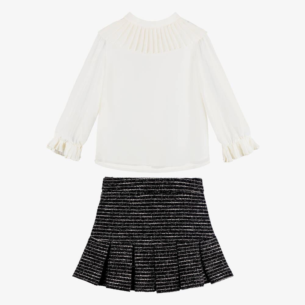Patachou-Girls Ivory Chiffon Blouse & Black Tweed Skirt Set | Childrensalon