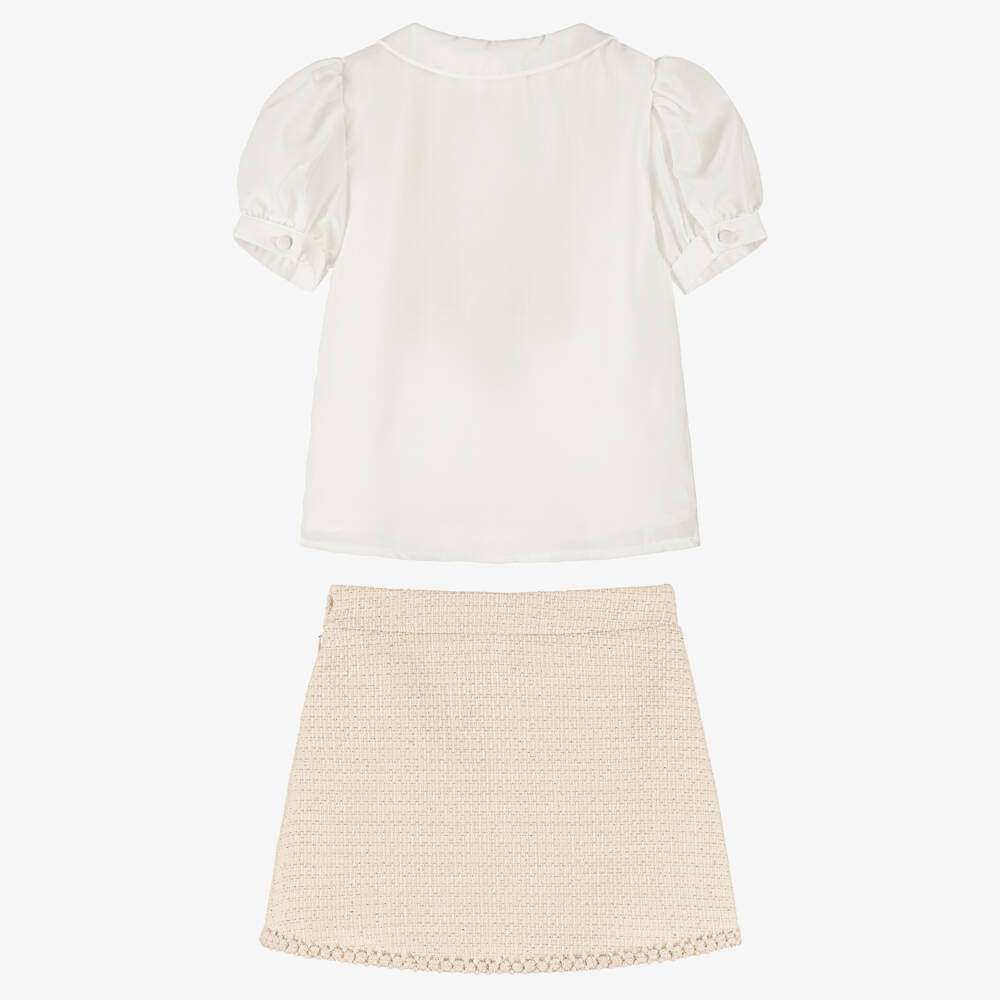 Patachou-Girls Ivory Chiffon Blouse & Gold Tweed Skirt Set | Childrensalon