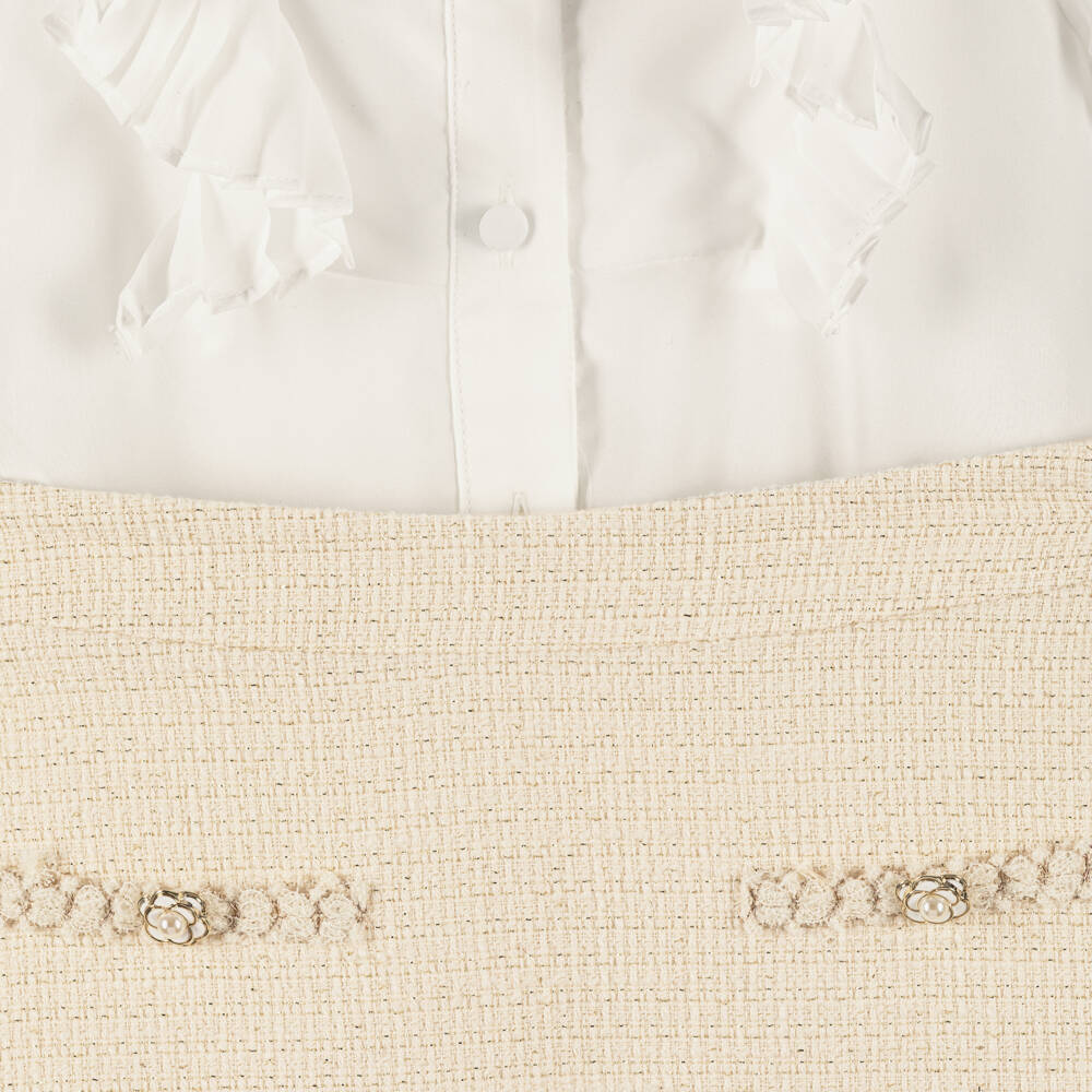Patachou-Girls Ivory Chiffon Blouse & Gold Tweed Skirt Set | Childrensalon