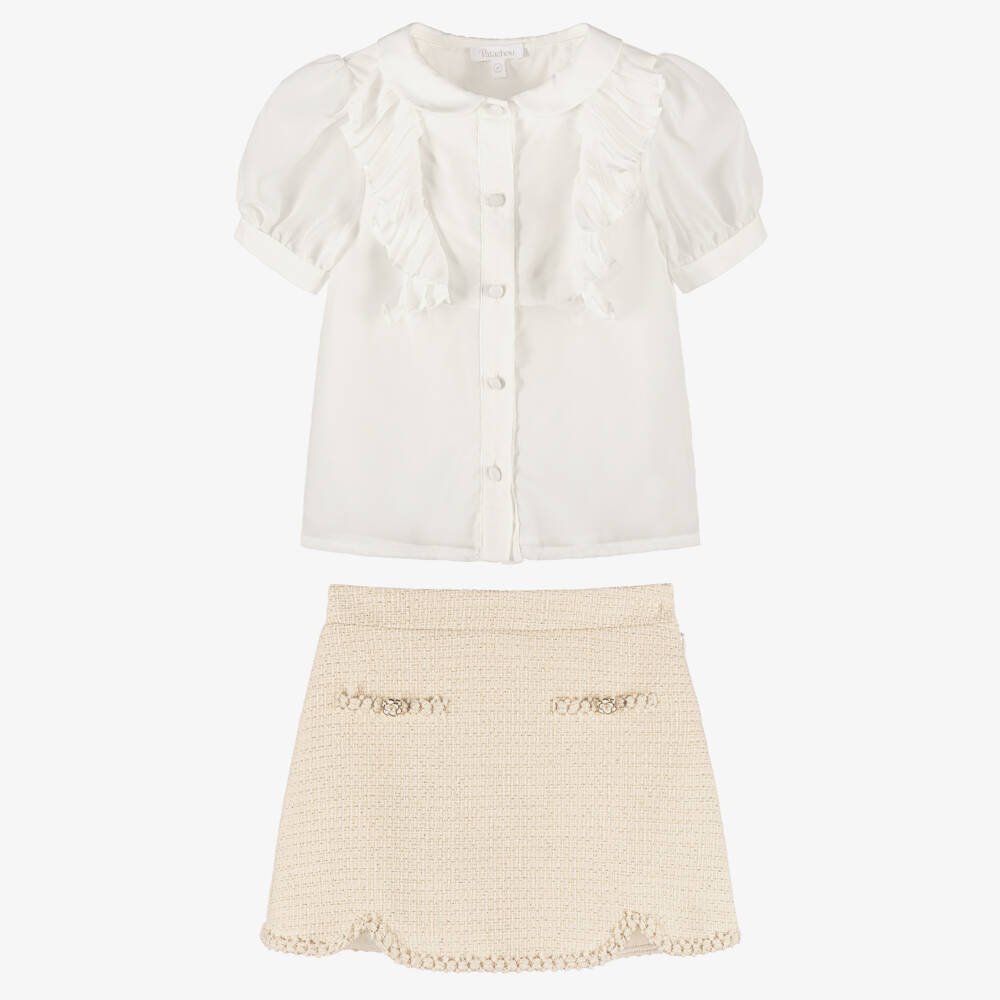 Patachou-Girls Ivory Chiffon Blouse & Gold Tweed Skirt Set | Childrensalon