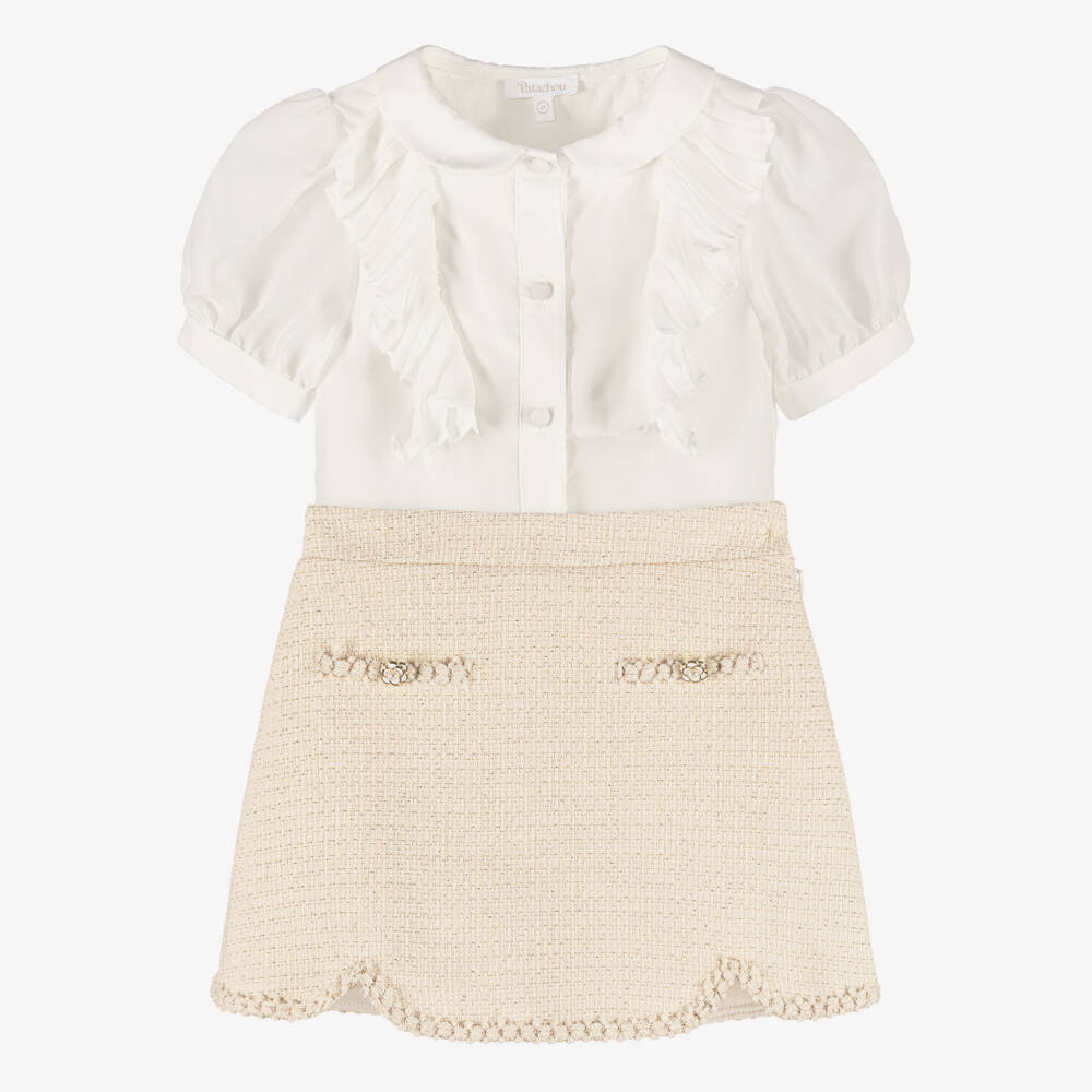 Patachou-Girls Ivory Chiffon Blouse & Gold Tweed Skirt Set | Childrensalon
