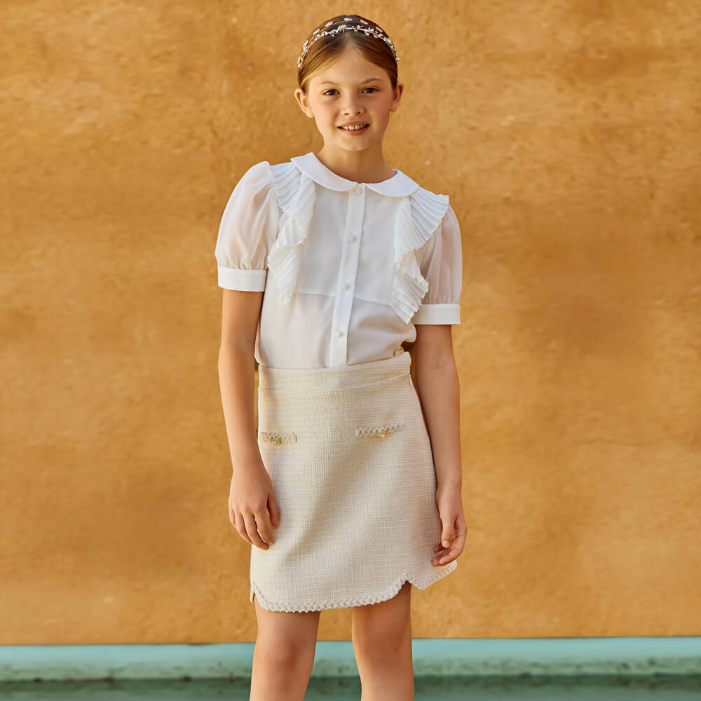 Patachou-Girls Ivory Chiffon Blouse & Gold Tweed Skirt Set | Childrensalon