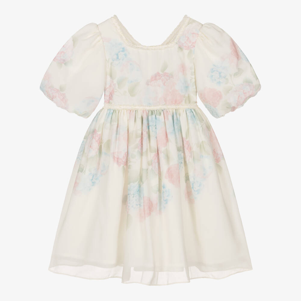 Patachou-Girls Ivory Chiffon Dress with Pastel Floral Print | Childrensalon