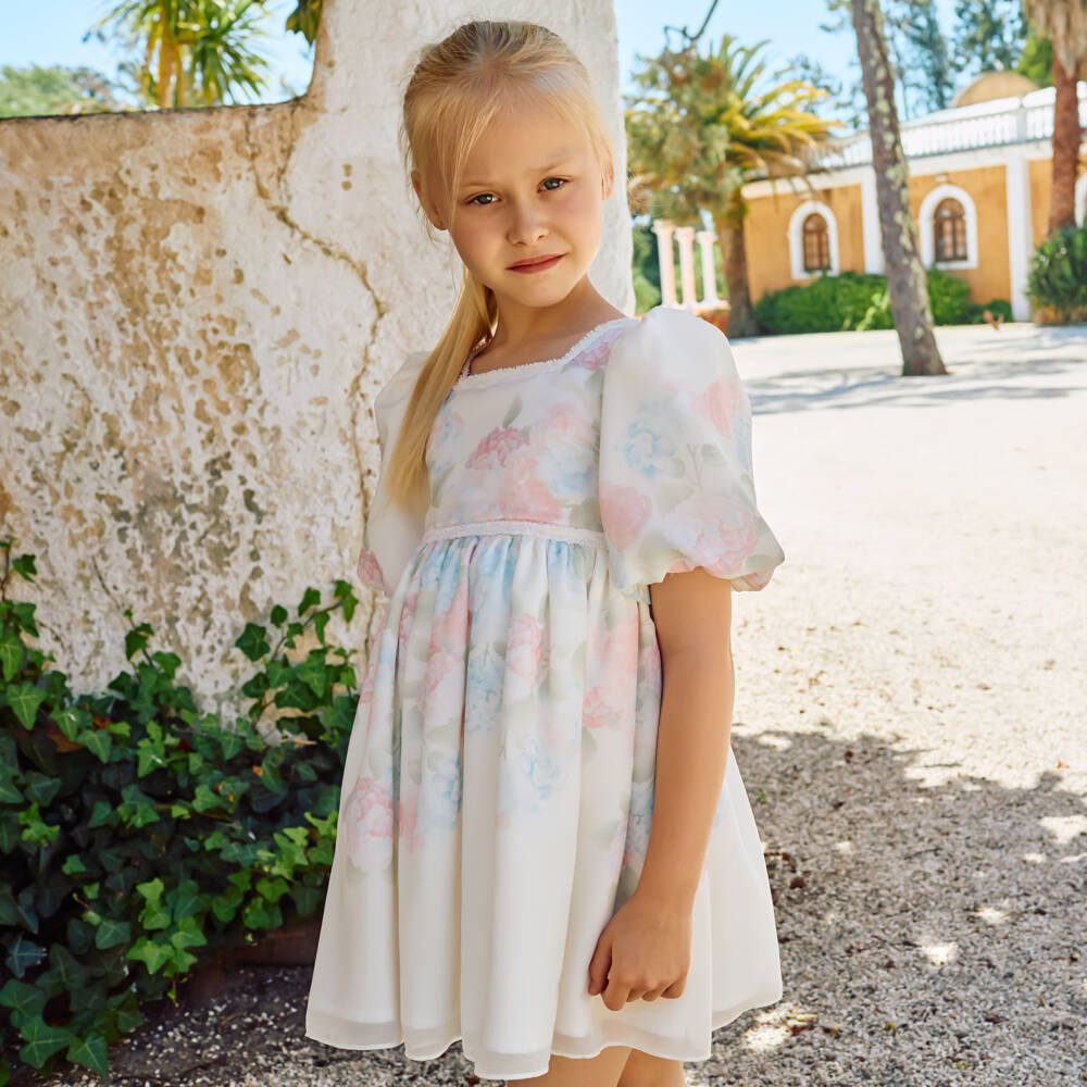 Patachou-Girls Ivory Chiffon Dress with Pastel Floral Print | Childrensalon