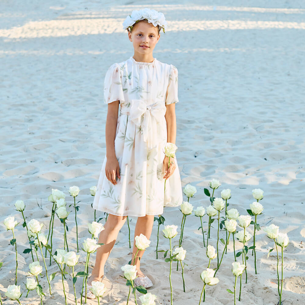 Patachou-Girls Ivory Chiffon Floral Dress with Bow | Childrensalon