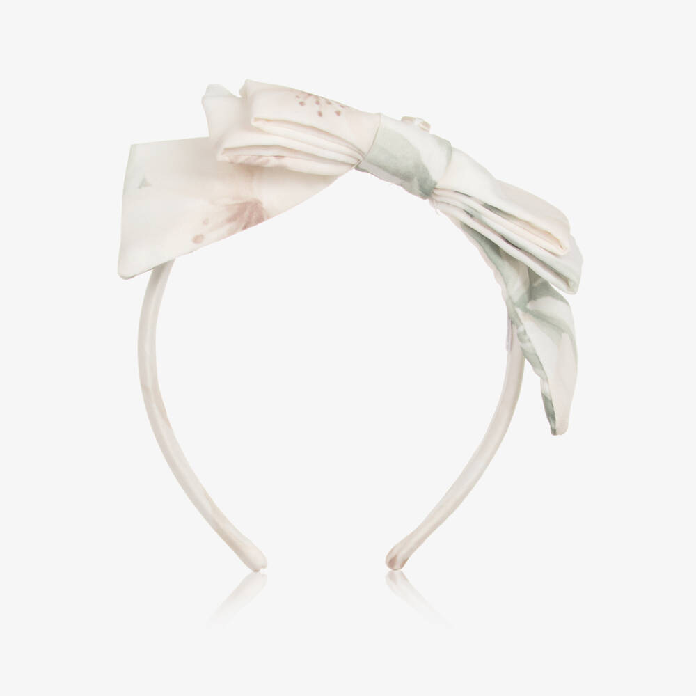 Patachou-Girls Ivory Chiffon Hairband with Beige Floral Print | Childrensalon