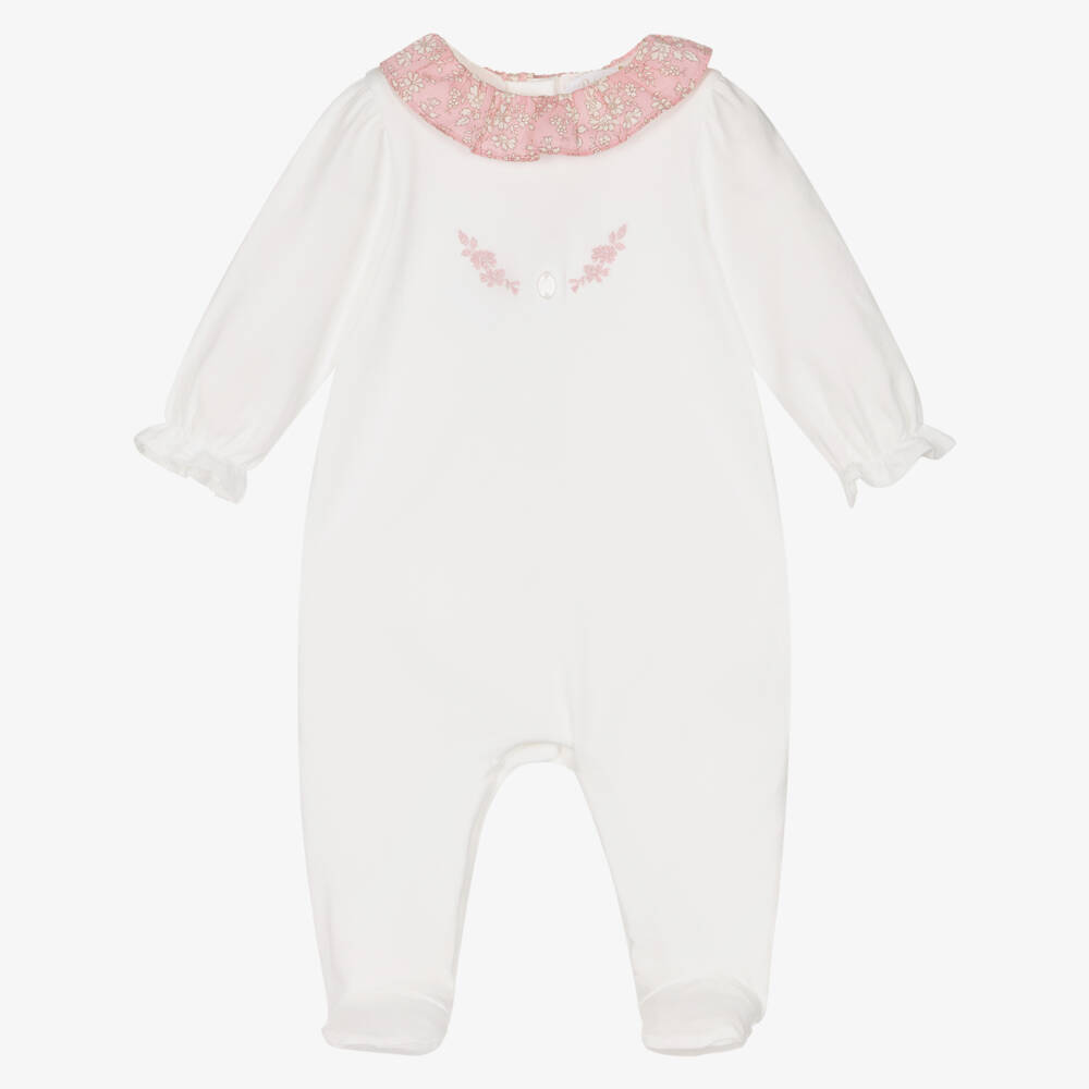 Patachou-Girls Ivory Cotton Babygrow with Pink Liberty Print Collar | Childrensalon