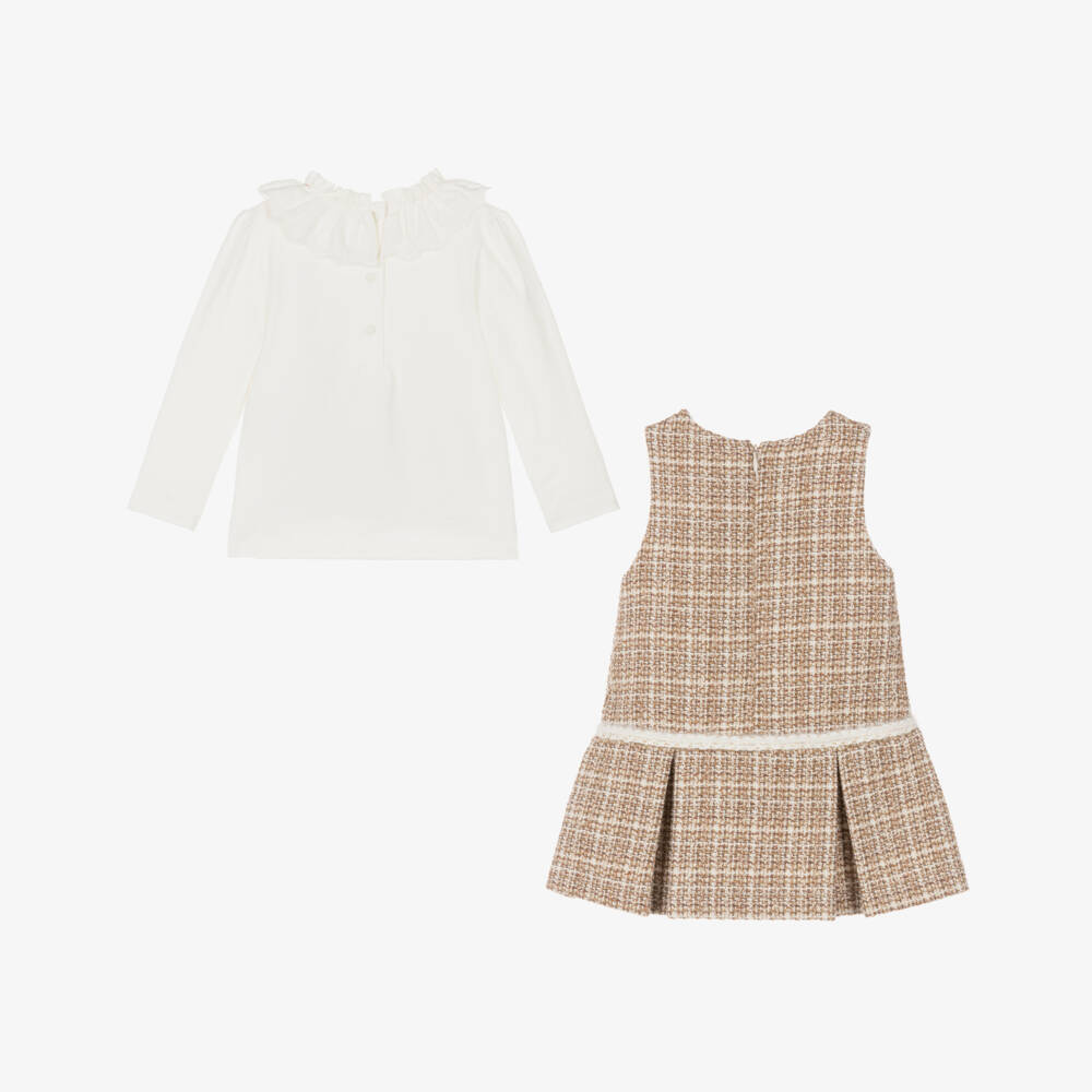 Patachou-Girls Ivory Cotton & Beige Tweed Dress Set | Childrensalon