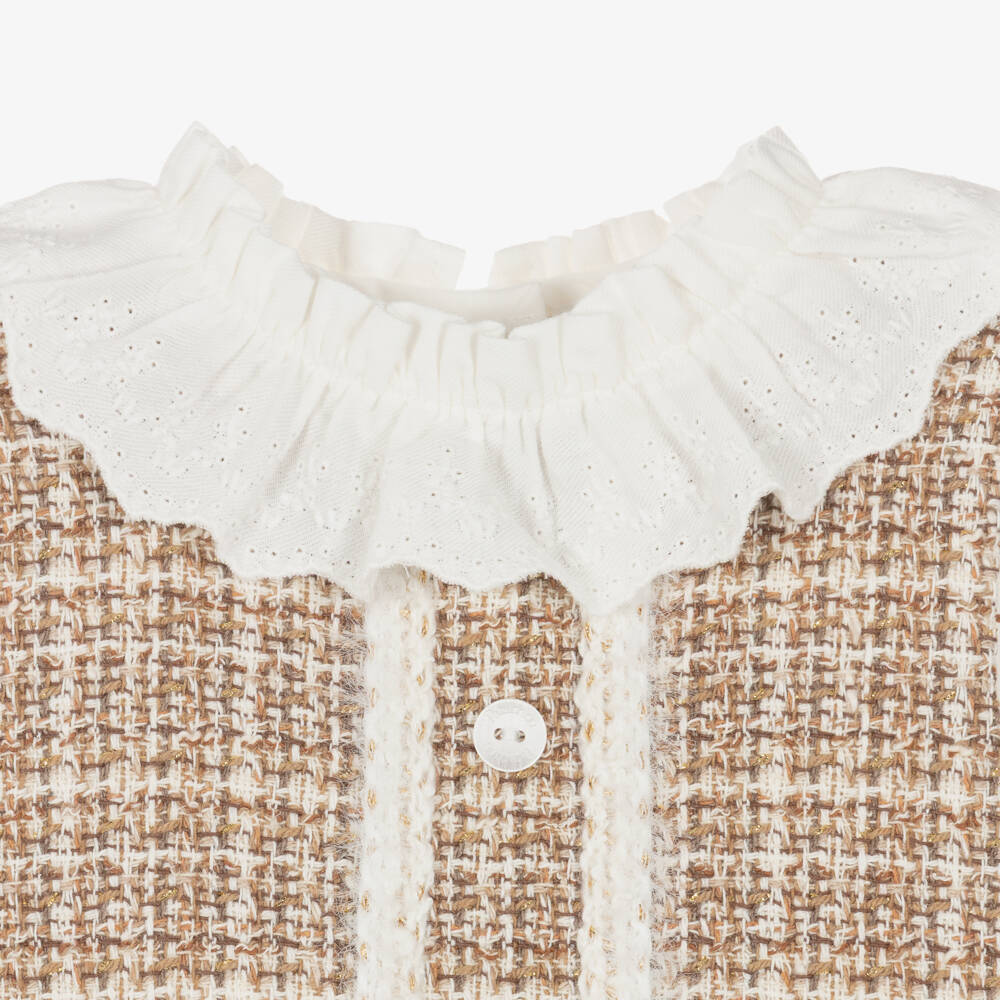 Patachou-Girls Ivory Cotton & Beige Tweed Dress Set | Childrensalon