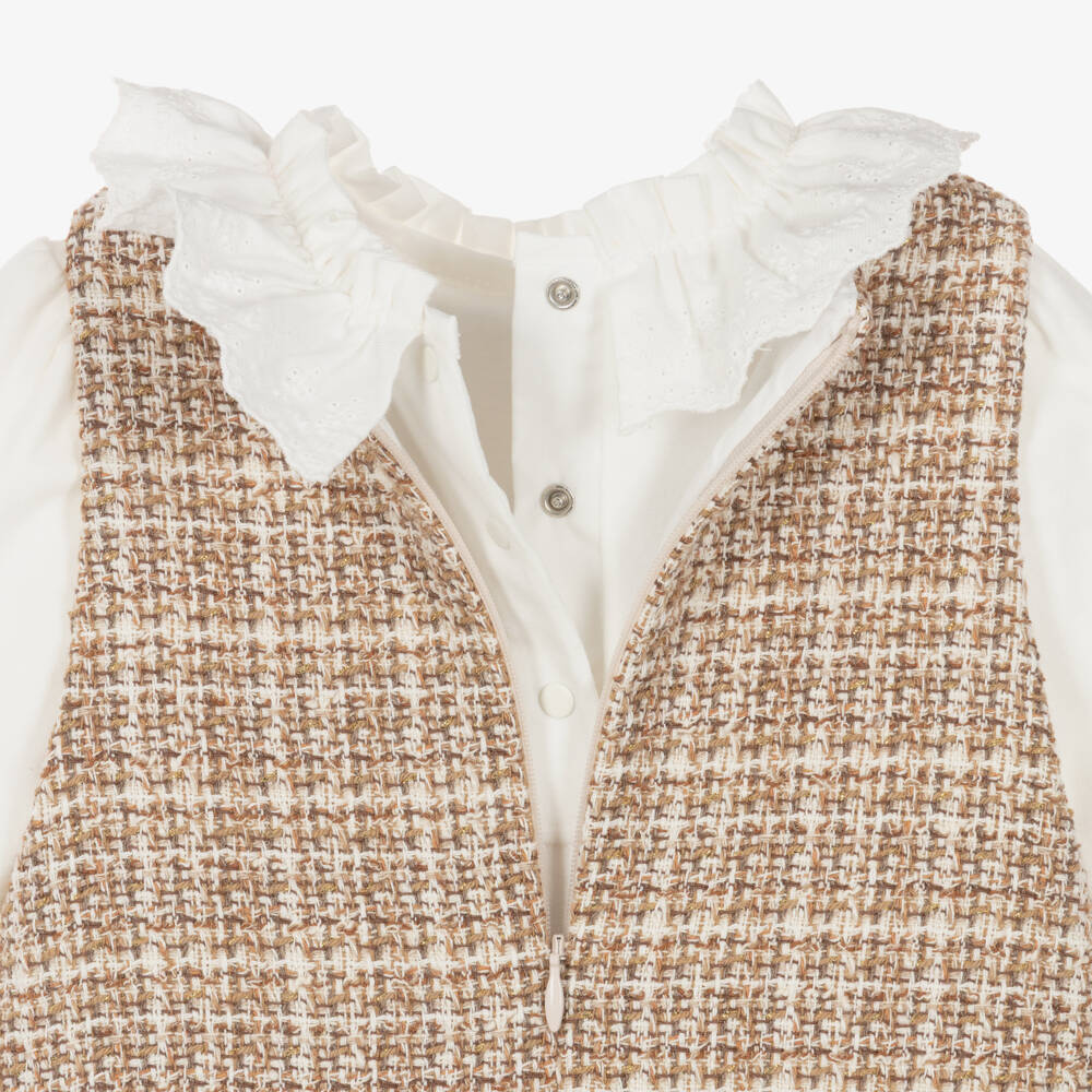 Patachou-Girls Ivory Cotton & Beige Tweed Dress Set | Childrensalon