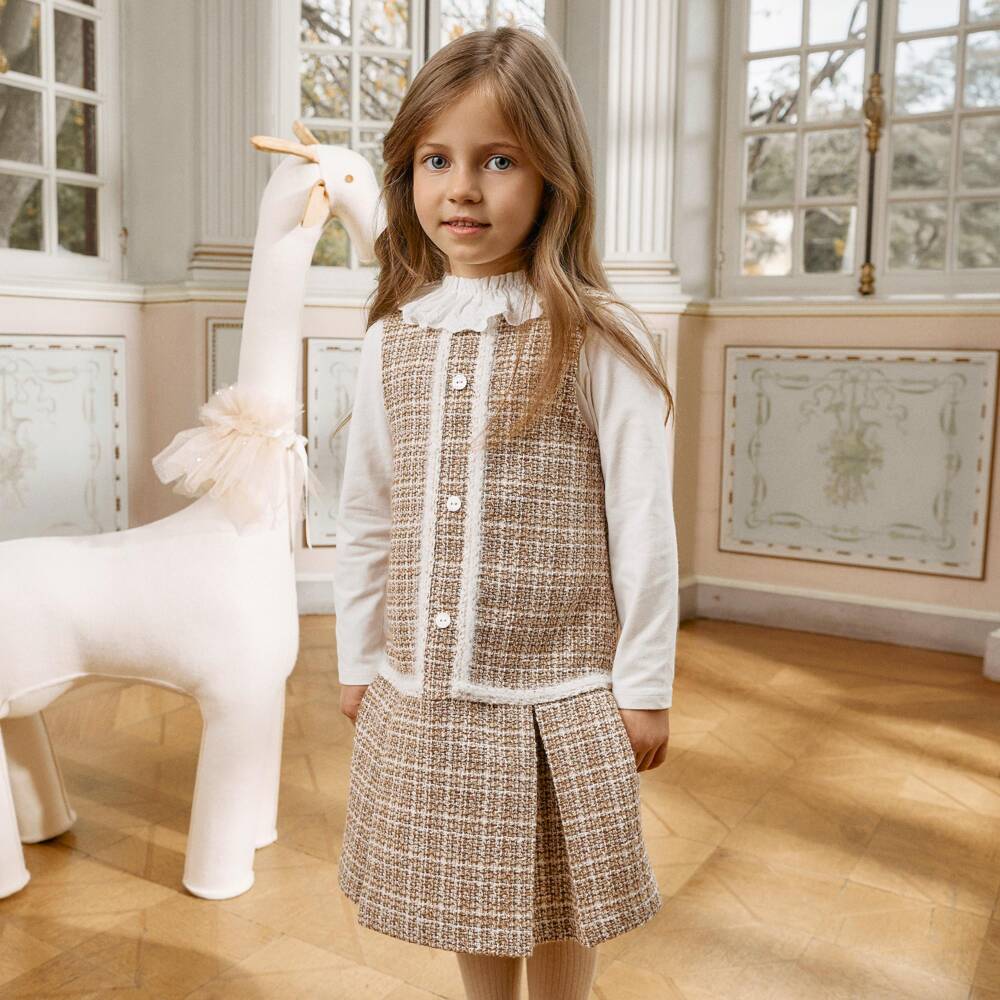 Patachou-Girls Ivory Cotton & Beige Tweed Dress Set | Childrensalon