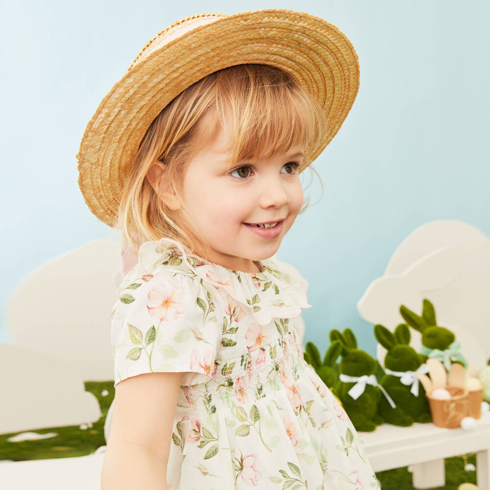 Patachou-Girls Ivory Cotton Dress with Pink & Green Liberty Print | Childrensalon