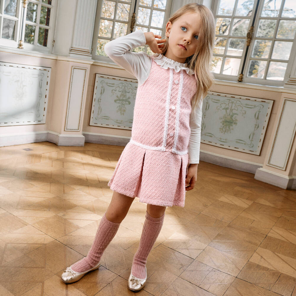 Patachou-Girls Ivory Cotton & Pink Tweed Dress Set | Childrensalon