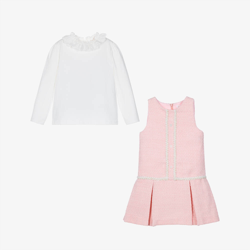 Patachou-Girls Ivory Cotton & Pink Tweed Dress Set | Childrensalon