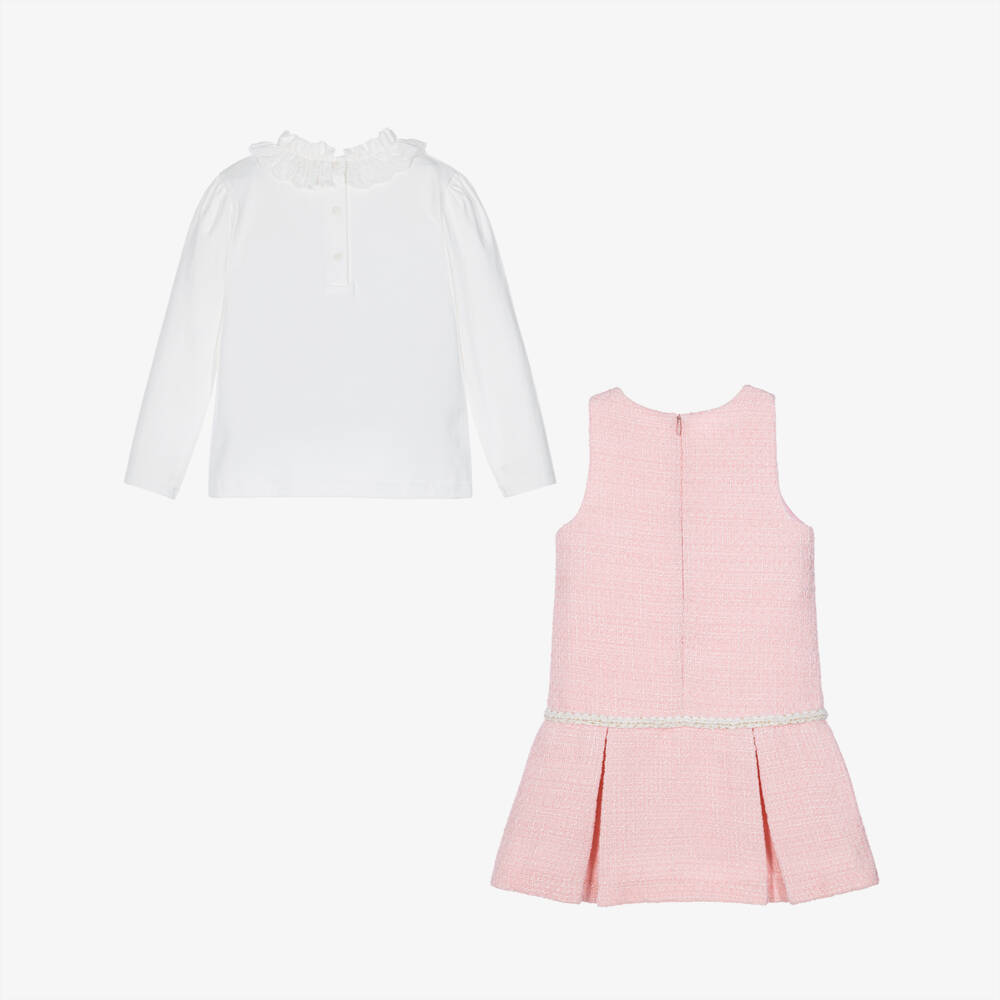 Patachou-Girls Ivory Cotton & Pink Tweed Dress Set | Childrensalon
