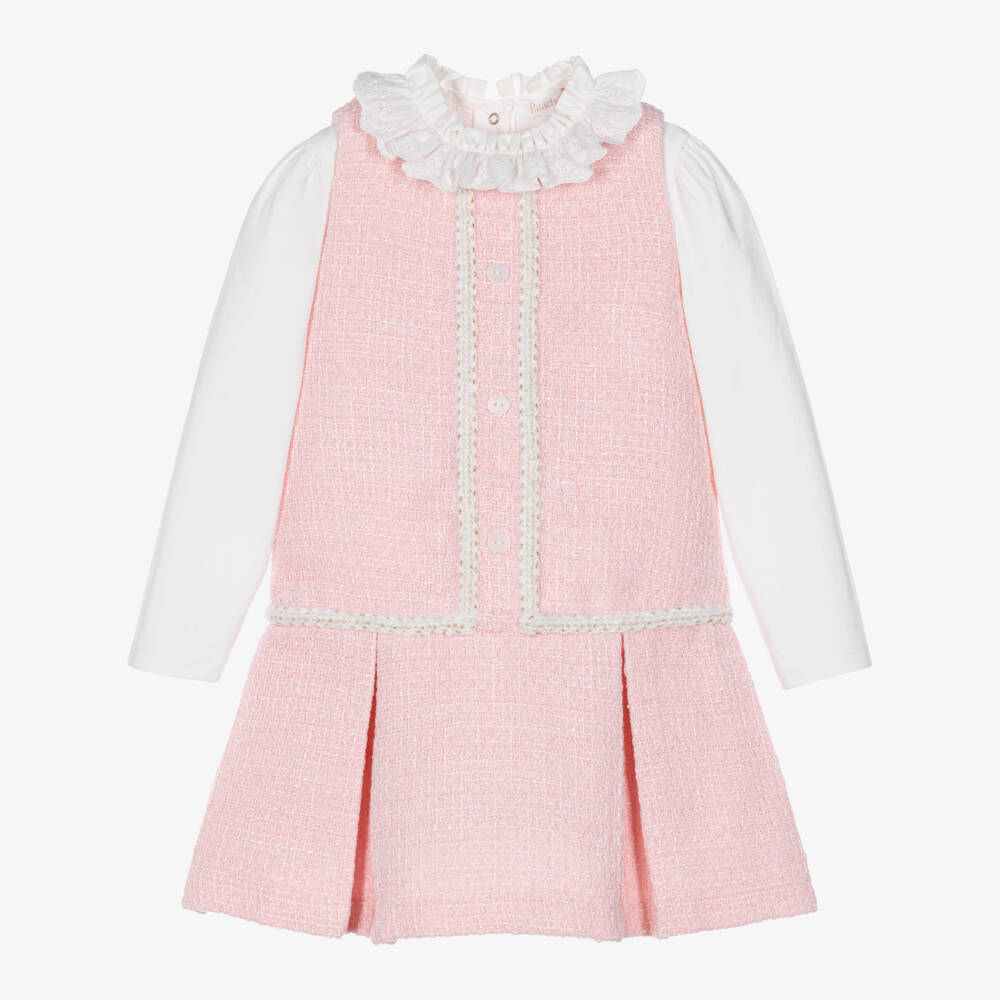 Patachou-Girls Ivory Cotton & Pink Tweed Dress Set | Childrensalon