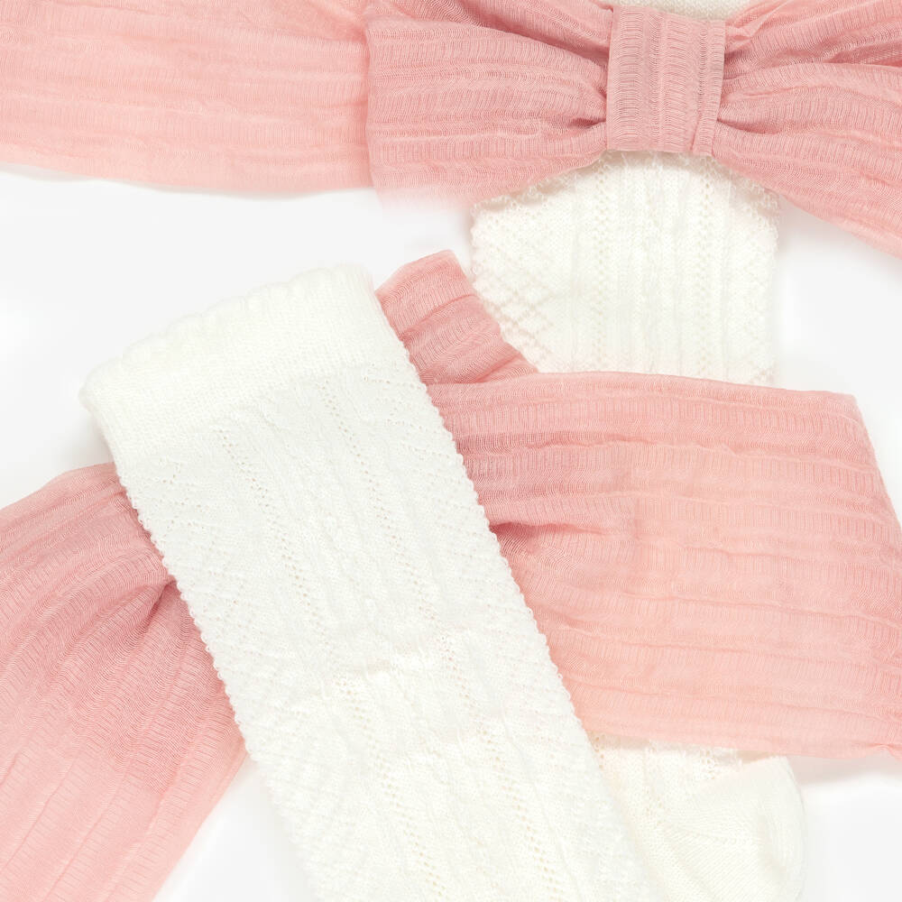 Patachou-Girls Ivory Cotton Socks with Pink Chiffon Bows | Childrensalon