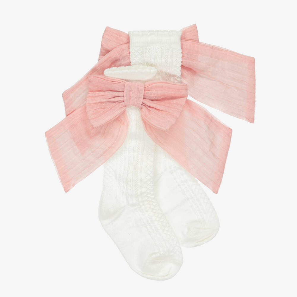 Patachou-Girls Ivory Cotton Socks with Pink Chiffon Bows | Childrensalon