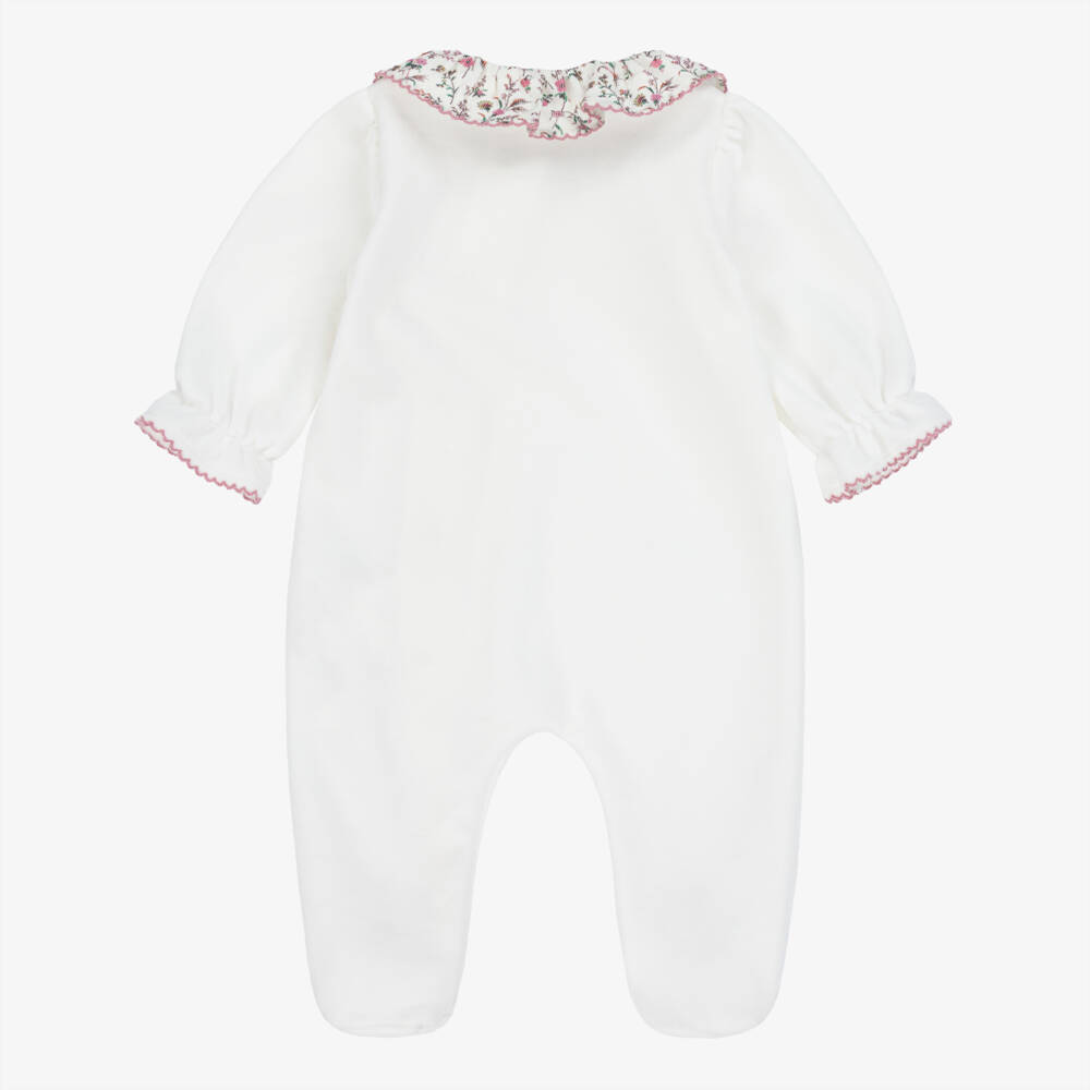 Patachou-Girls Ivory Cotton Velour & Liberty Fabric Trim Babygrow | Childrensalon
