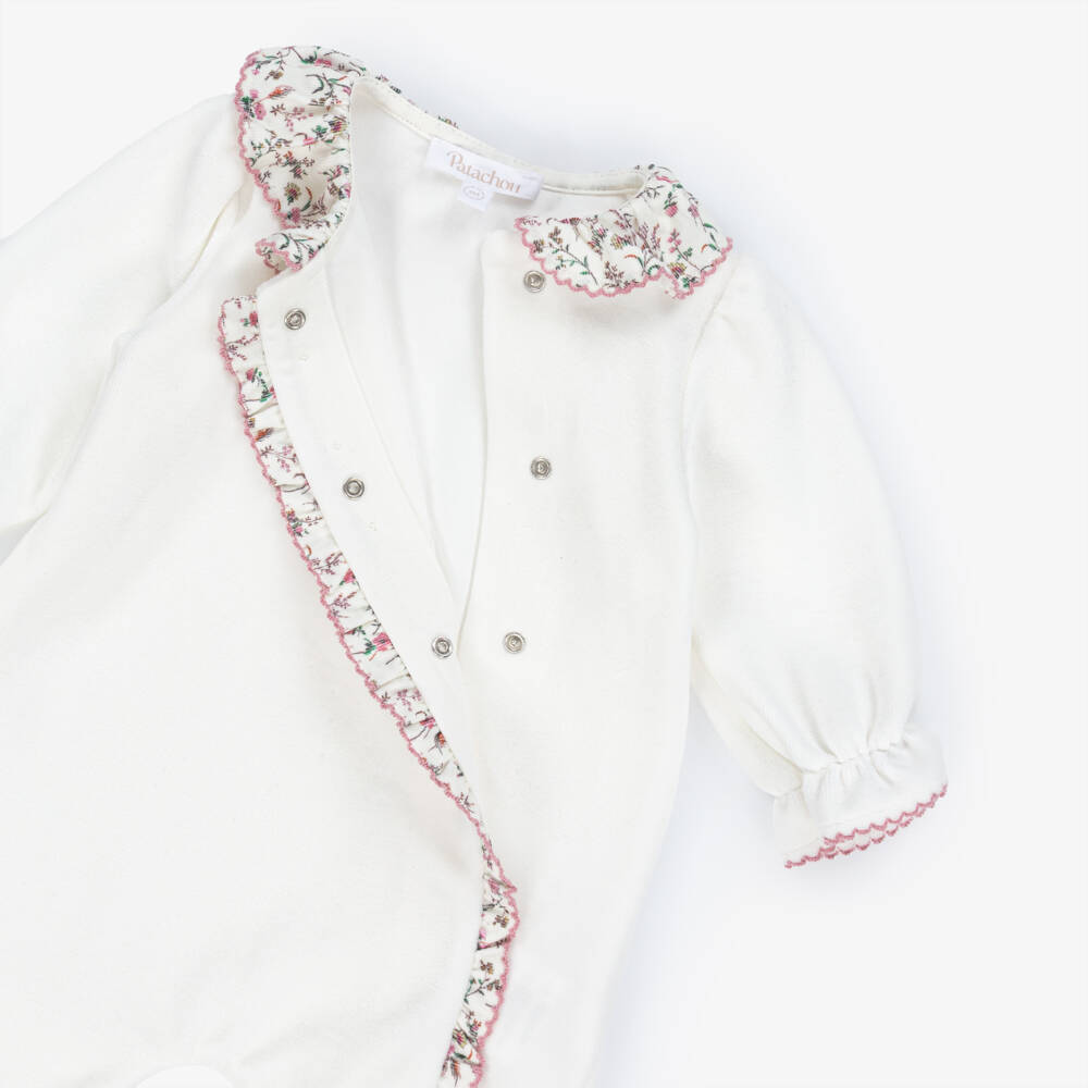 Patachou-Girls Ivory Cotton Velour & Liberty Fabric Trim Babygrow | Childrensalon
