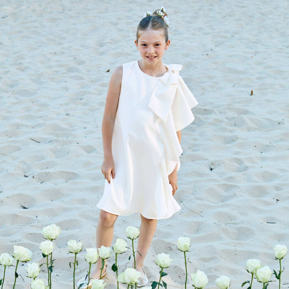 Patachou-Платье кремовое из крепа с бантом для девочек | Childrensalon