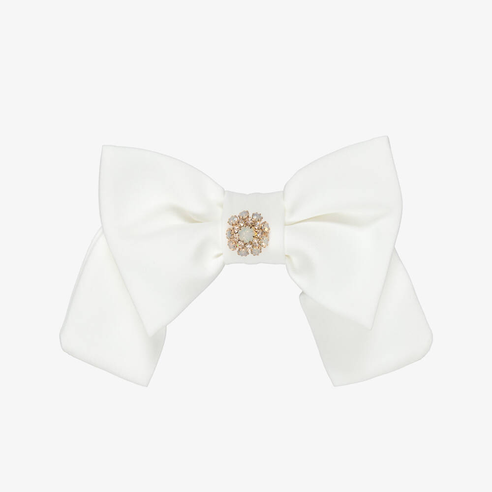 Patachou-Girls Ivory Crêpe Bow Hair Clip with Gemstone Flower (14cm) | Childrensalon