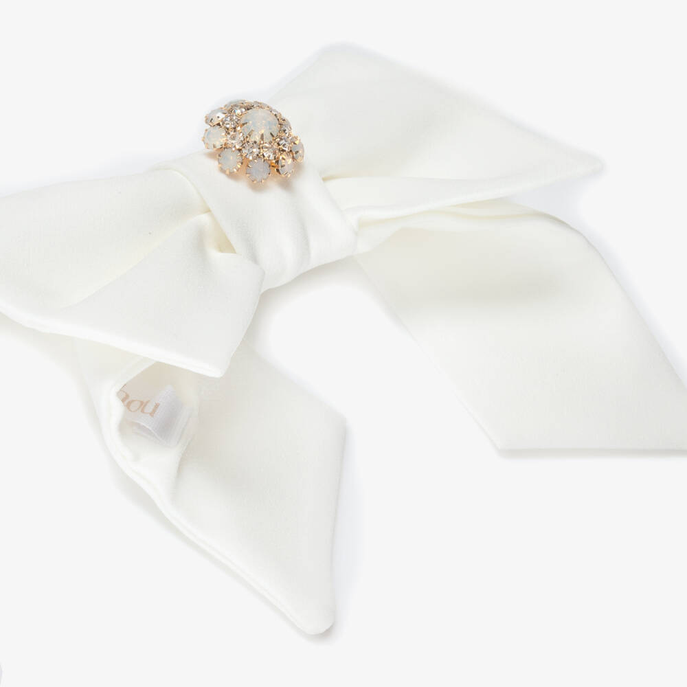Patachou-Girls Ivory Crêpe Bow Hair Clip with Gemstone Flower (14cm) | Childrensalon