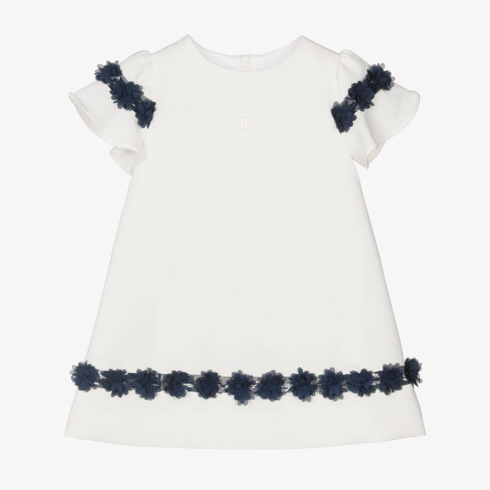 Patachou-Girls Ivory Crêpe Dress with Navy Blue Floral Tulle Trim | Childrensalon