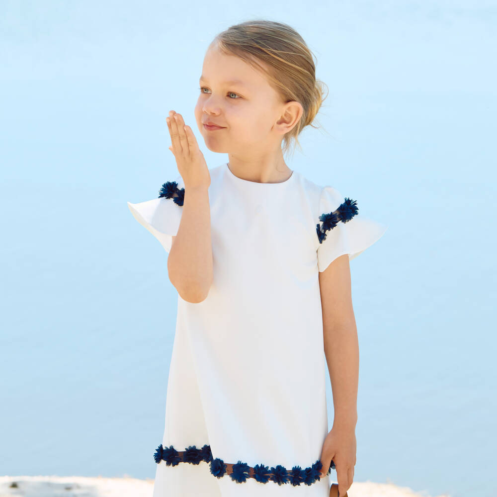 Patachou-Girls Ivory Crêpe Dress with Navy Blue Floral Tulle Trim | Childrensalon
