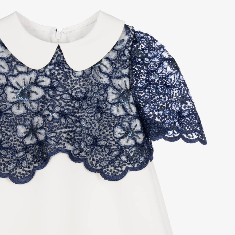 Patachou-Girls Ivory Dress with Sparkling Navy Blue Lace | Childrensalon